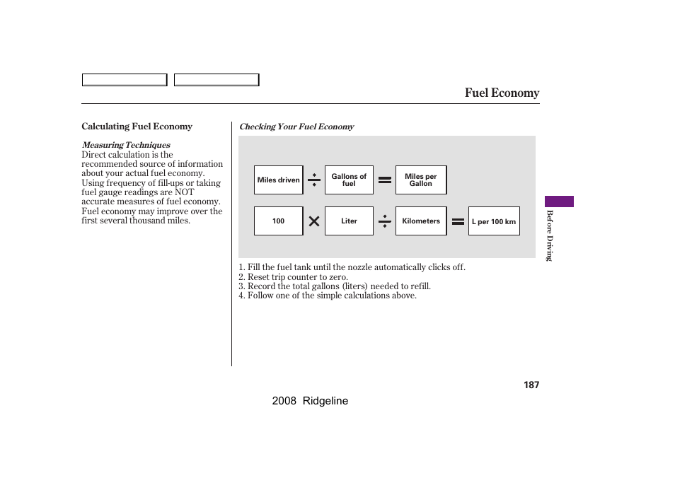 Fuel economy, 2008 ridgeline | HONDA 2008 Ridgeline User Manual | Page 191 / 341