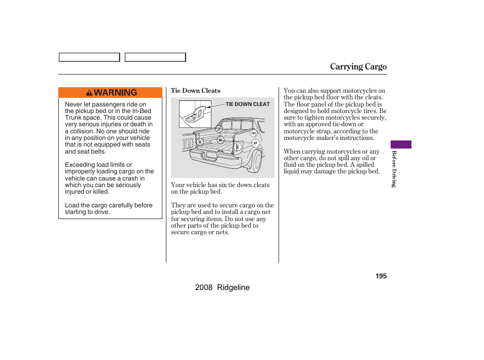 Carrying cargo, 2008 ridgeline | HONDA 2008 Ridgeline User Manual | Page 199 / 341