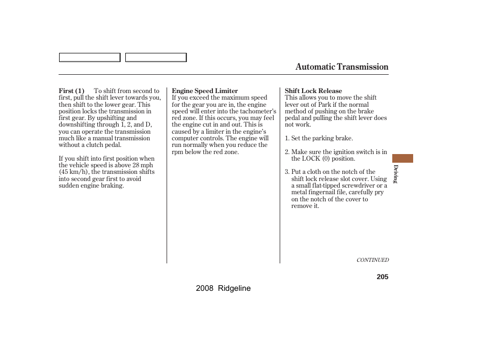 Automatic transmission | HONDA 2008 Ridgeline User Manual | Page 209 / 341
