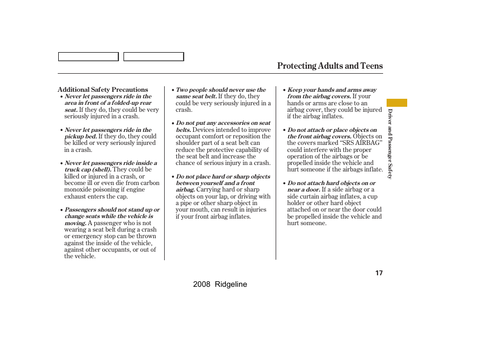 Protecting adults and teens | HONDA 2008 Ridgeline User Manual | Page 21 / 341