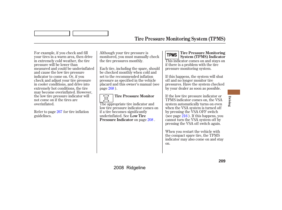 Tire pressure monitoring system (tpms) | HONDA 2008 Ridgeline User Manual | Page 213 / 341