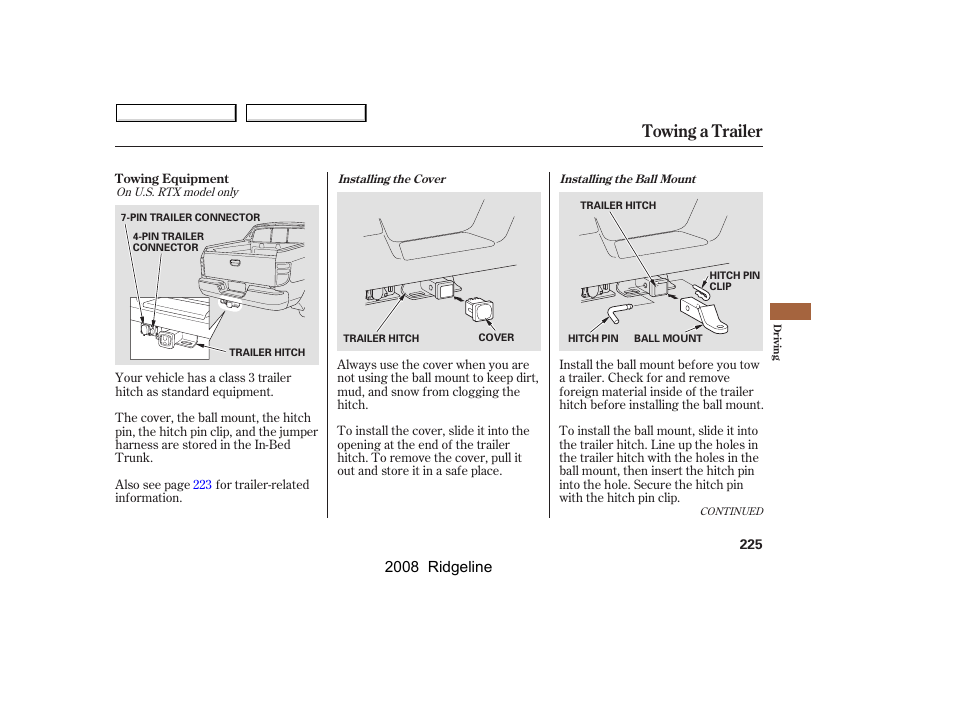 Towing a trailer, 2008 ridgeline | HONDA 2008 Ridgeline User Manual | Page 229 / 341