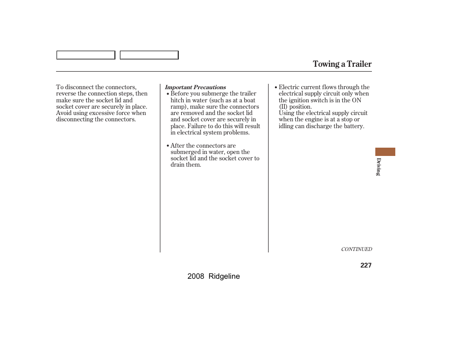 Towing a trailer | HONDA 2008 Ridgeline User Manual | Page 231 / 341