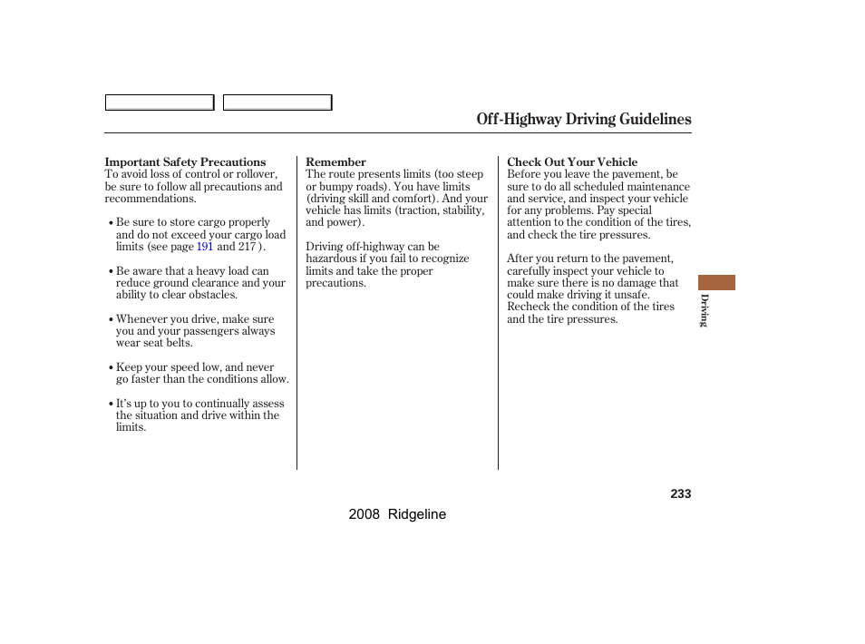 Off-highway driving guidelines | HONDA 2008 Ridgeline User Manual | Page 237 / 341