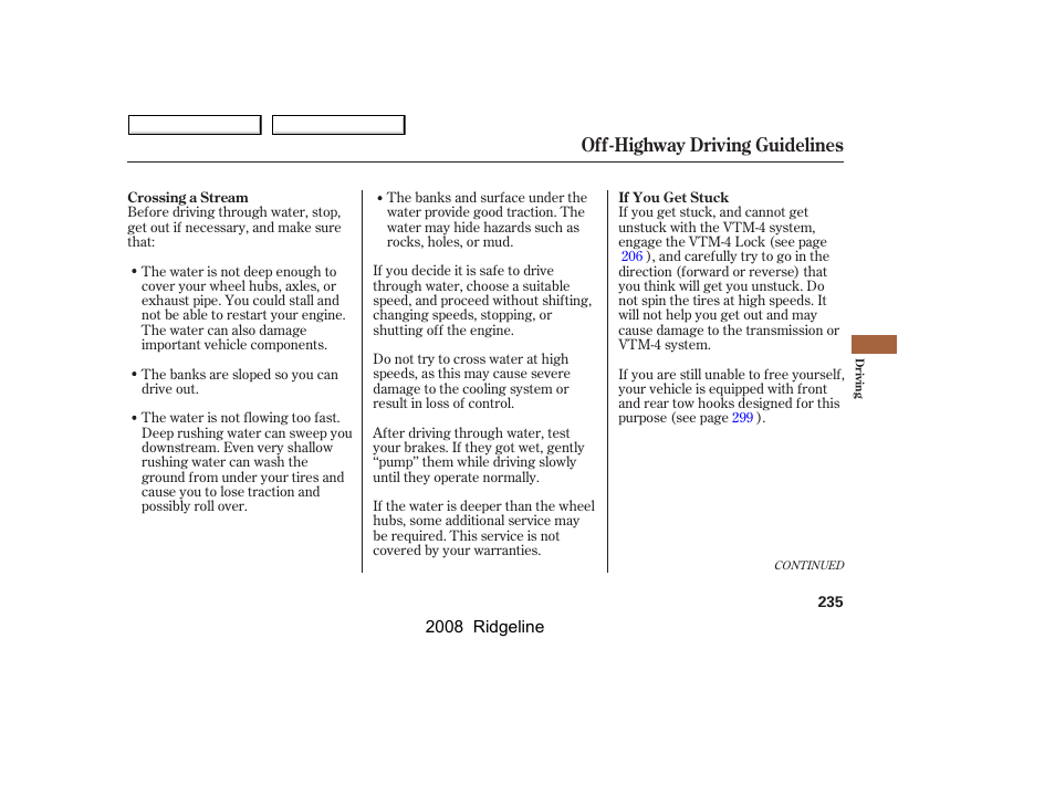 Off-highway driving guidelines | HONDA 2008 Ridgeline User Manual | Page 239 / 341