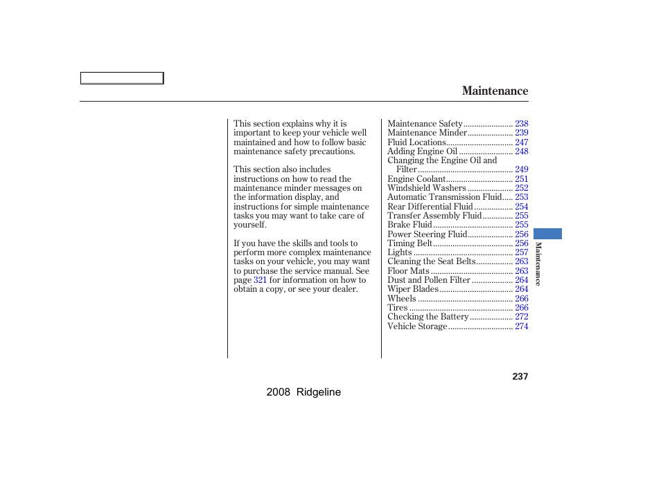 Maintenance | HONDA 2008 Ridgeline User Manual | Page 241 / 341