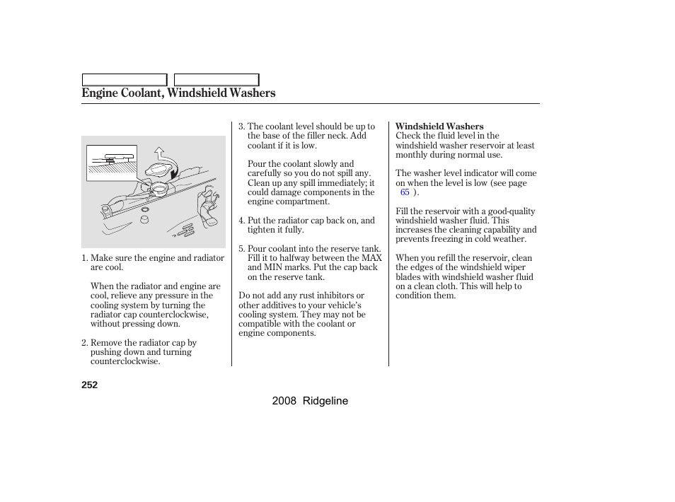 Engine coolant, windshield washers | HONDA 2008 Ridgeline User Manual | Page 256 / 341