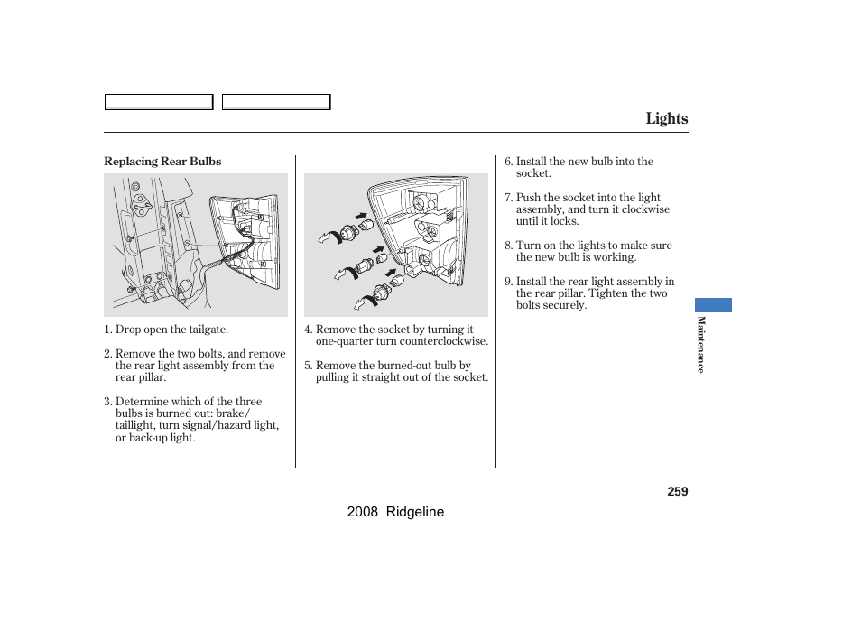 Lights | HONDA 2008 Ridgeline User Manual | Page 263 / 341