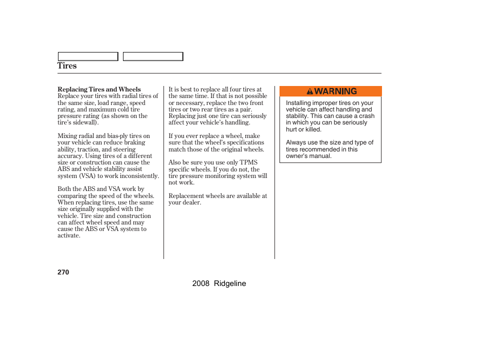 Tires | HONDA 2008 Ridgeline User Manual | Page 274 / 341