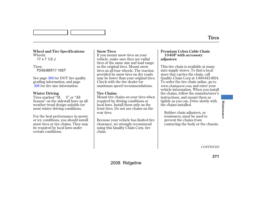 Tires | HONDA 2008 Ridgeline User Manual | Page 275 / 341