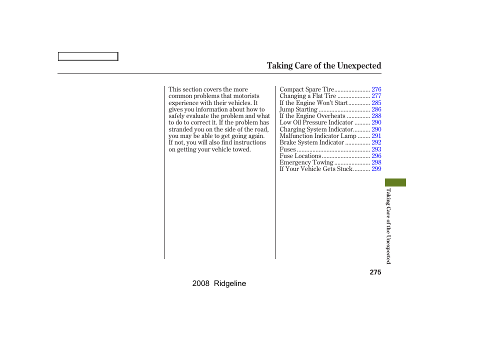 Taking care of the unexpected | HONDA 2008 Ridgeline User Manual | Page 279 / 341