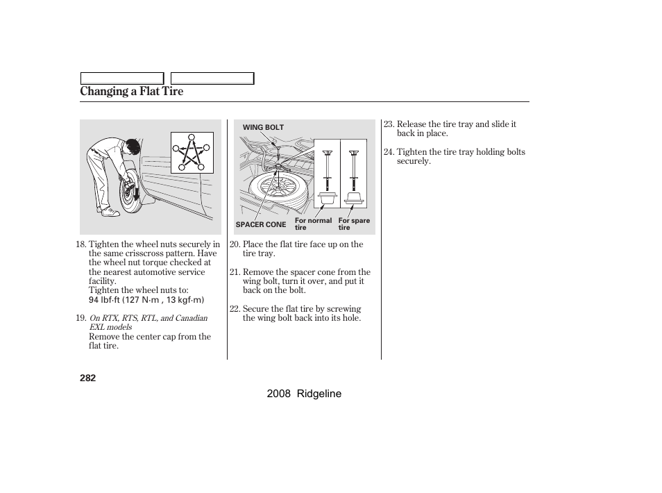 Changing a flat tire | HONDA 2008 Ridgeline User Manual | Page 286 / 341