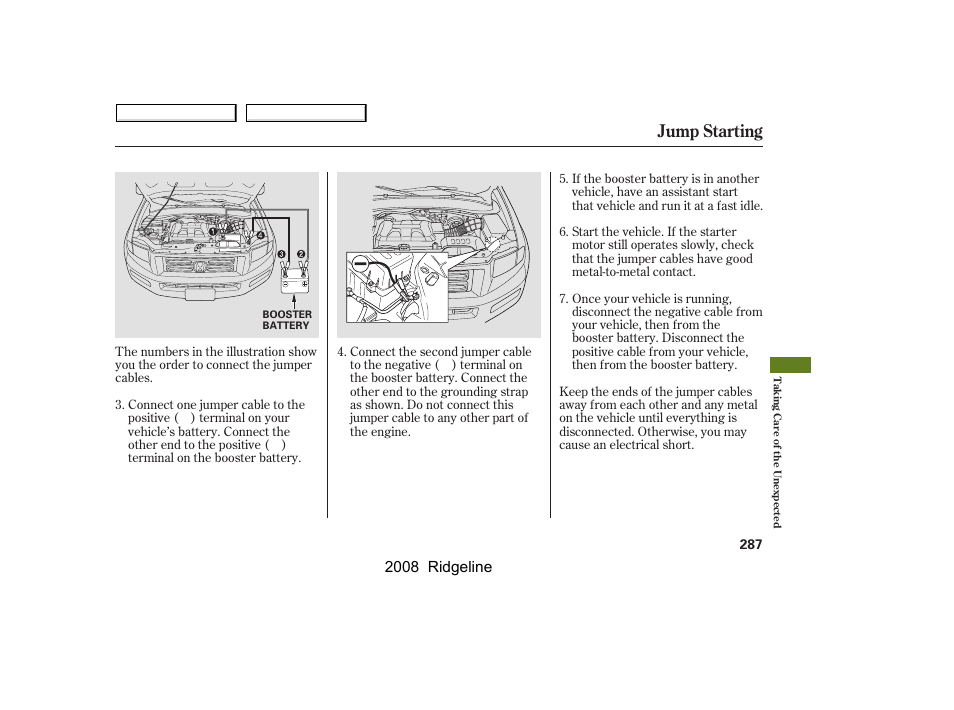 Jump starting, 2008 ridgeline | HONDA 2008 Ridgeline User Manual | Page 291 / 341