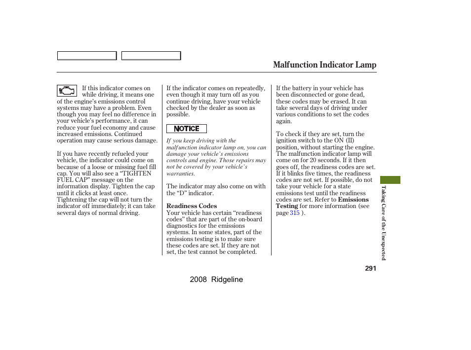 Malfunction indicator lamp, 2008 ridgeline | HONDA 2008 Ridgeline User Manual | Page 295 / 341
