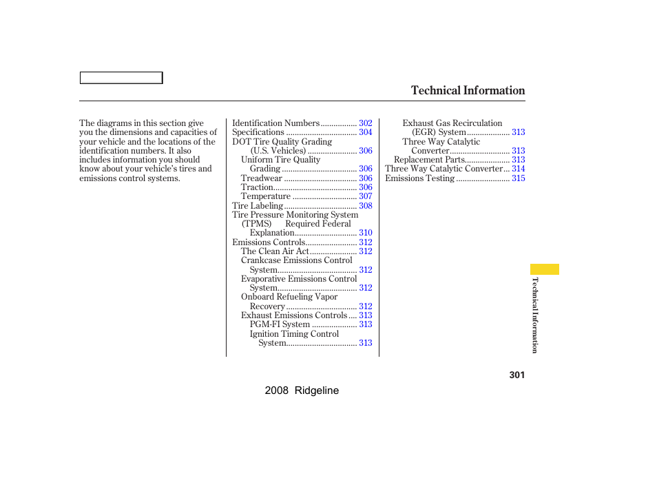 Technical information | HONDA 2008 Ridgeline User Manual | Page 305 / 341