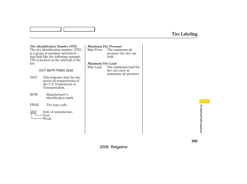 Tire labeling | HONDA 2008 Ridgeline User Manual | Page 313 / 341