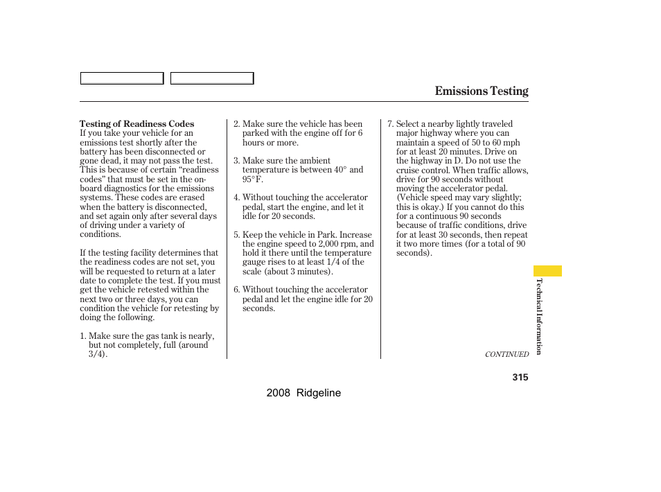 Emissions testing | HONDA 2008 Ridgeline User Manual | Page 319 / 341