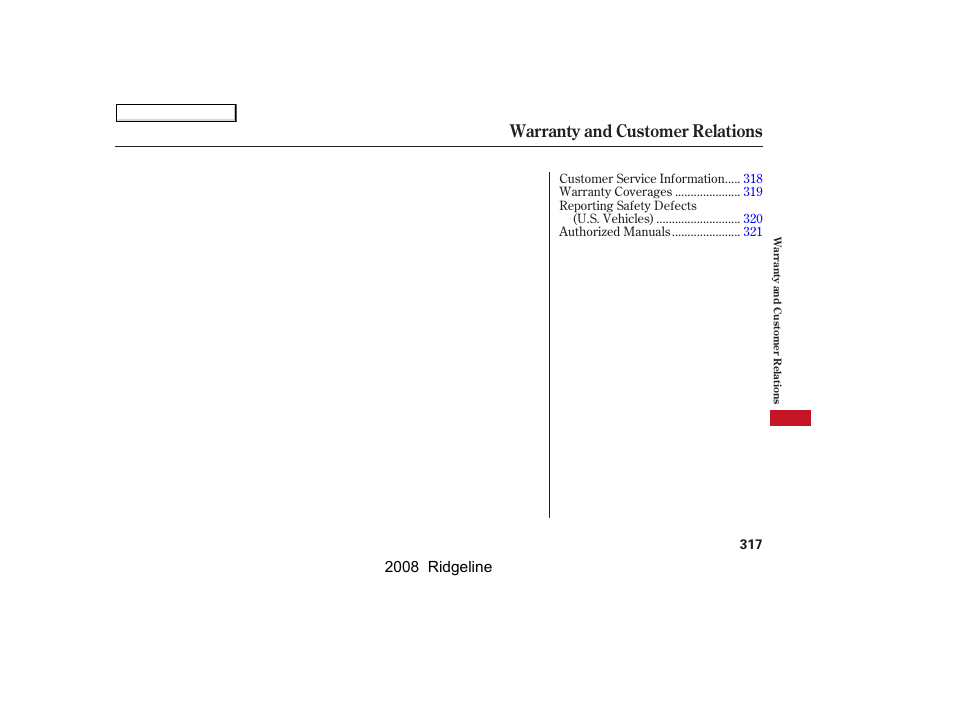 Warranty and customer relations, 2008 ridgeline | HONDA 2008 Ridgeline User Manual | Page 321 / 341