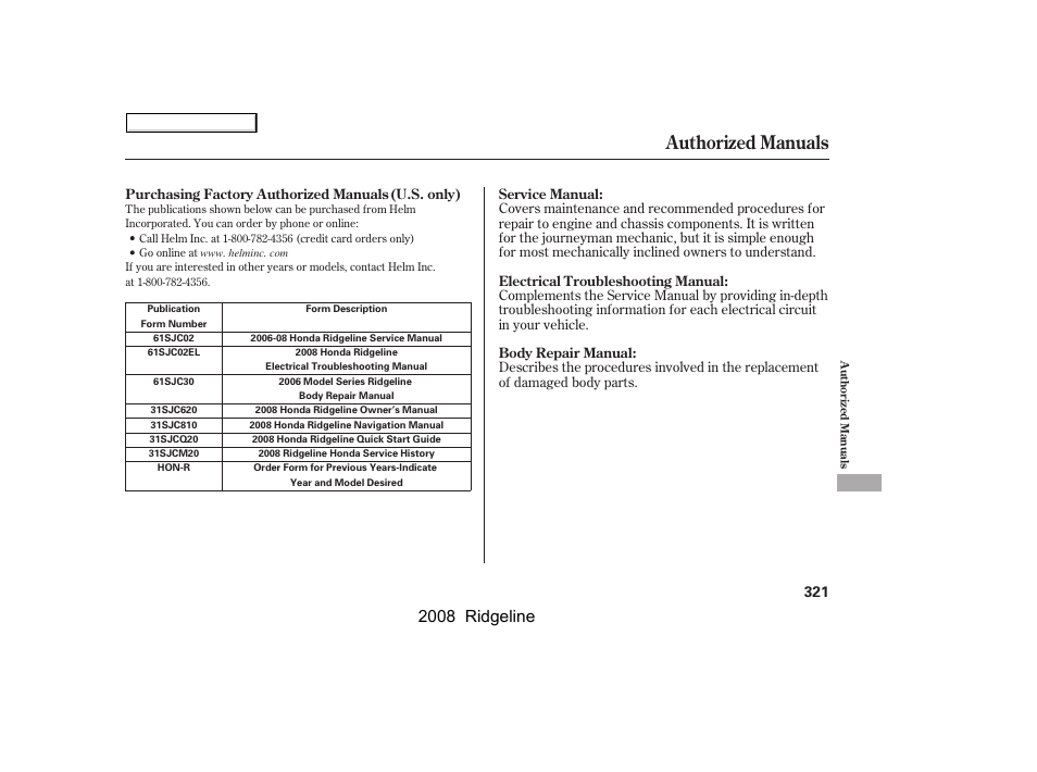 Authorized manuals, 2008 ridgeline | HONDA 2008 Ridgeline User Manual | Page 325 / 341