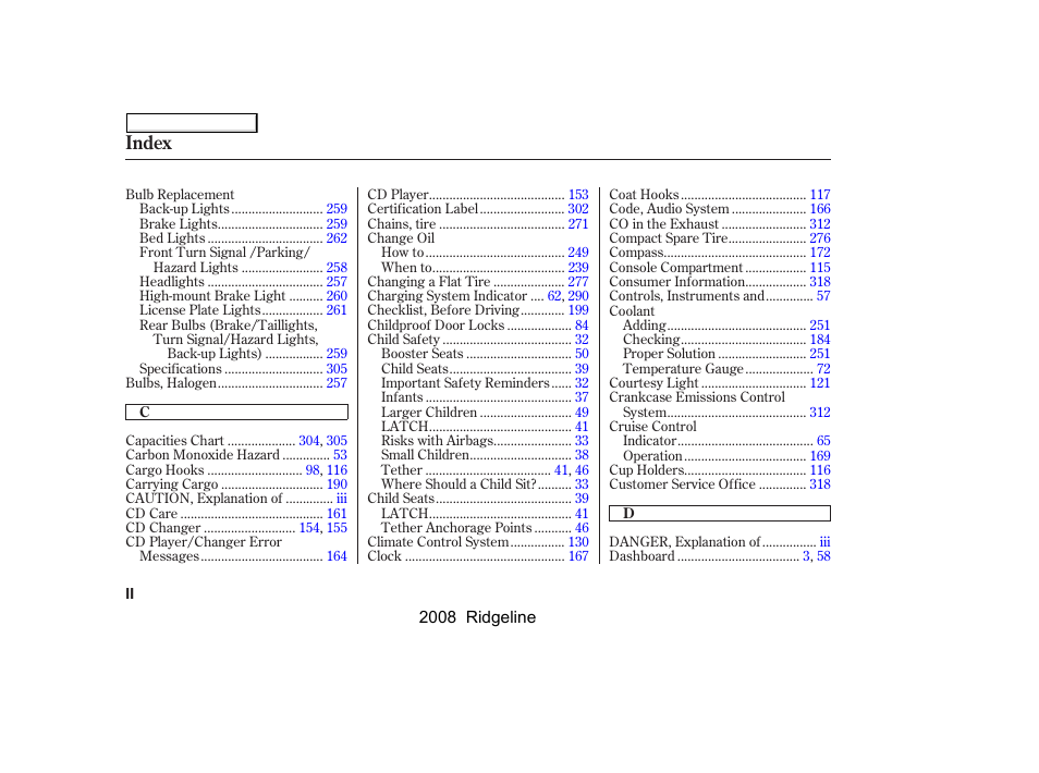 Index | HONDA 2008 Ridgeline User Manual | Page 328 / 341