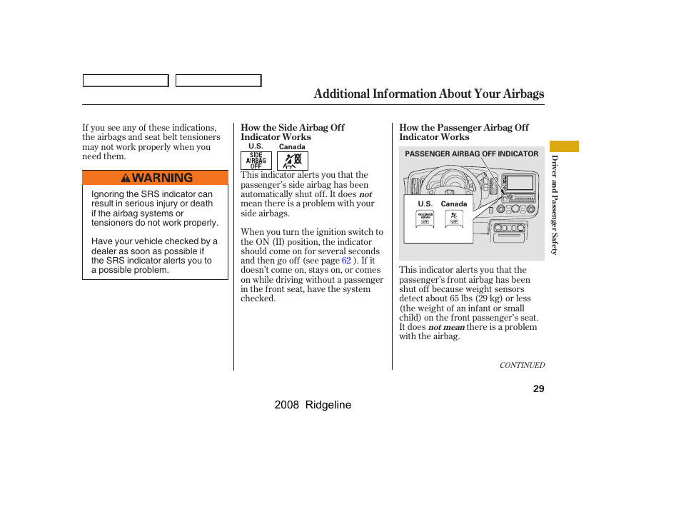 Additional information about your airbags, 2008 ridgeline | HONDA 2008 Ridgeline User Manual | Page 33 / 341