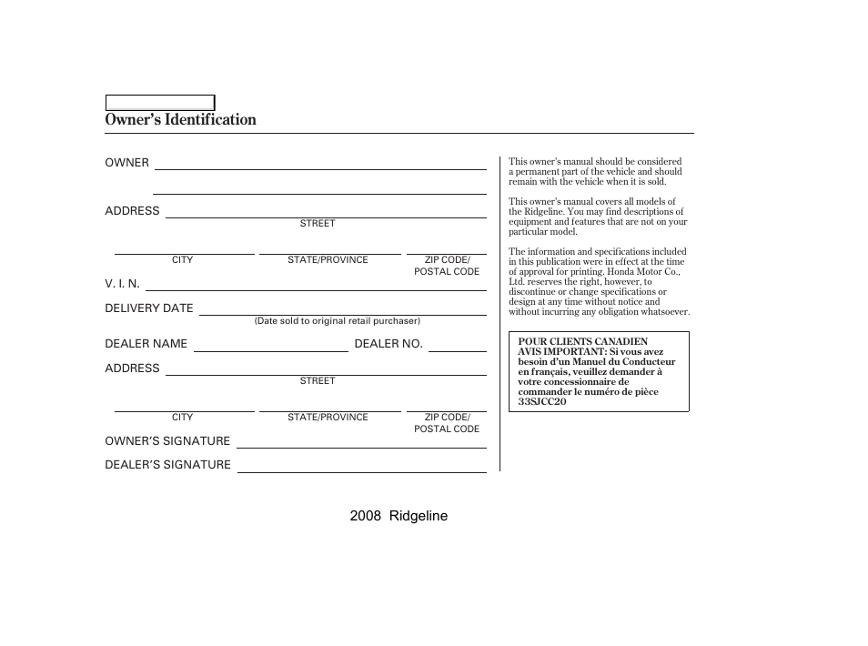Owner’s identification, 2008 ridgeline | HONDA 2008 Ridgeline User Manual | Page 341 / 341
