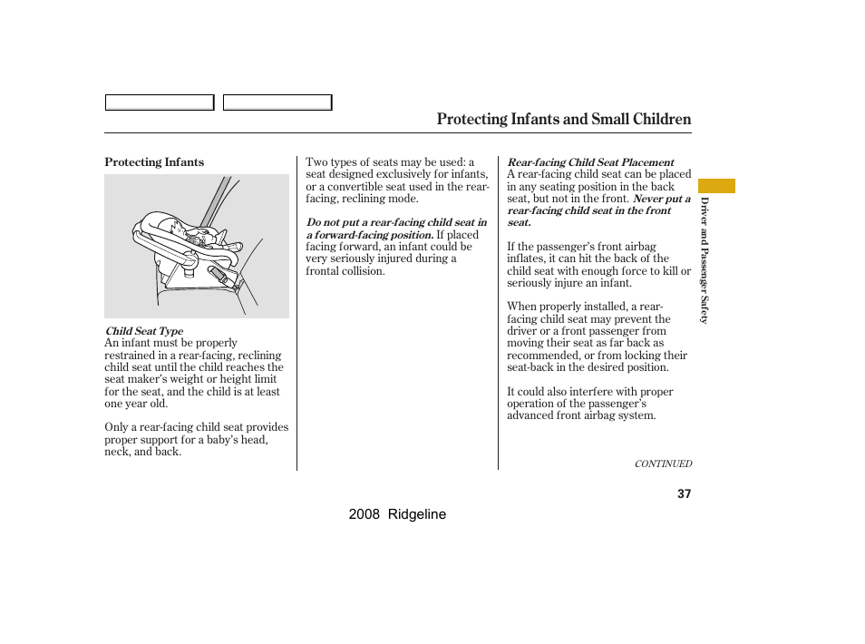 Protecting infants and small children, 2008 ridgeline | HONDA 2008 Ridgeline User Manual | Page 41 / 341
