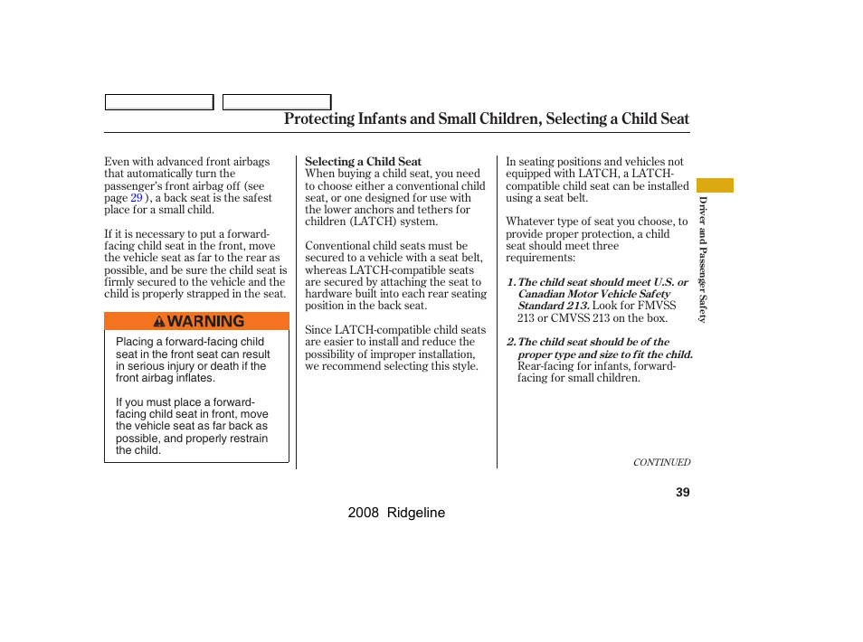 2008 ridgeline | HONDA 2008 Ridgeline User Manual | Page 43 / 341
