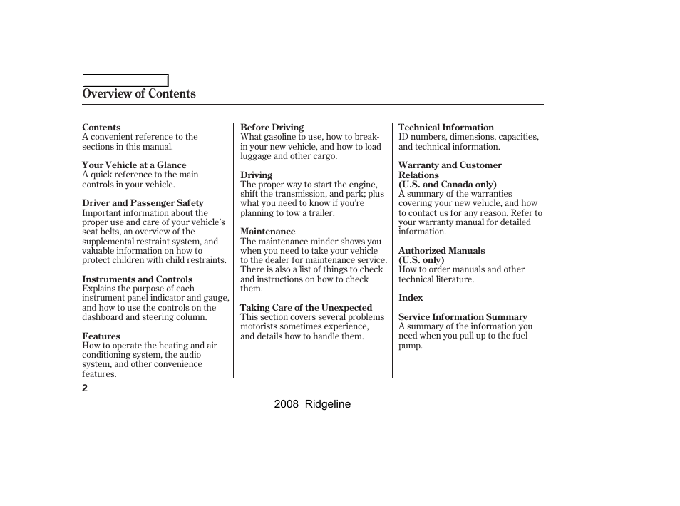 Overview of contents | HONDA 2008 Ridgeline User Manual | Page 6 / 341