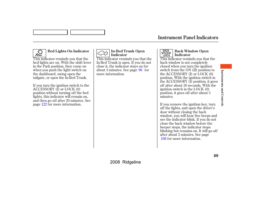 Instrument panel indicators, 2008 ridgeline | HONDA 2008 Ridgeline User Manual | Page 73 / 341