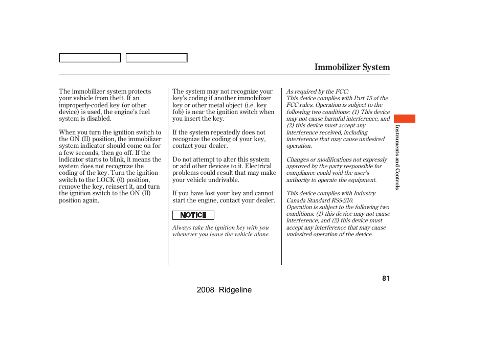 Immobilizer system, 2008 ridgeline | HONDA 2008 Ridgeline User Manual | Page 85 / 341