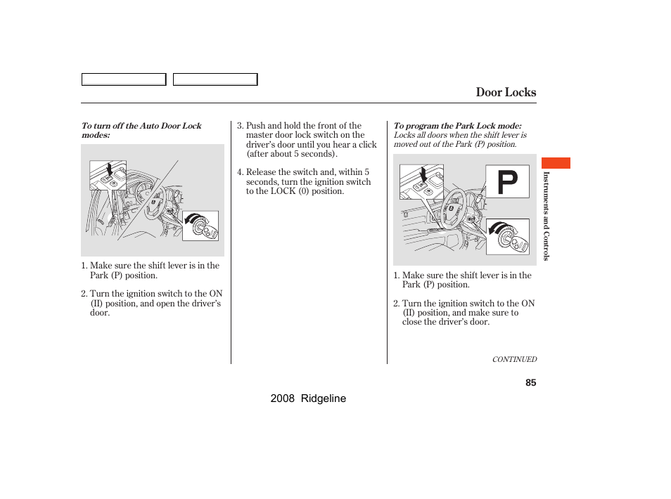Door locks, 2008 ridgeline | HONDA 2008 Ridgeline User Manual | Page 89 / 341