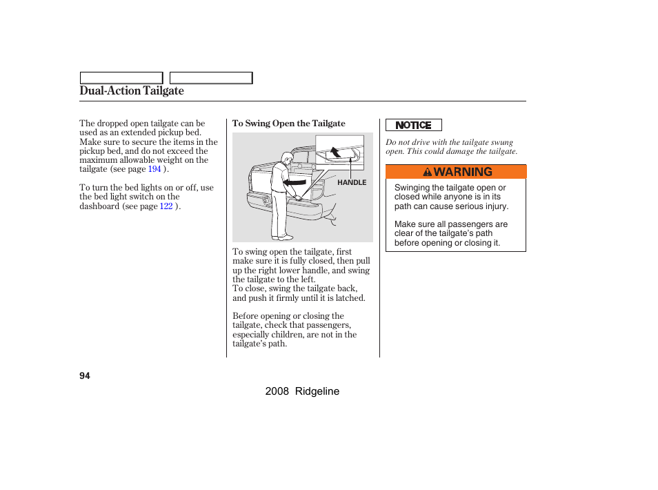Dual-action tailgate | HONDA 2008 Ridgeline User Manual | Page 98 / 341