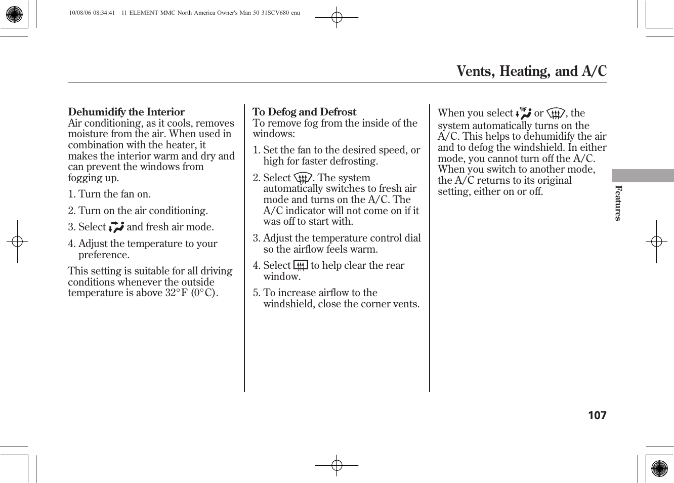 Vents, heating, and a/c | HONDA 2011 Element User Manual | Page 113 / 286