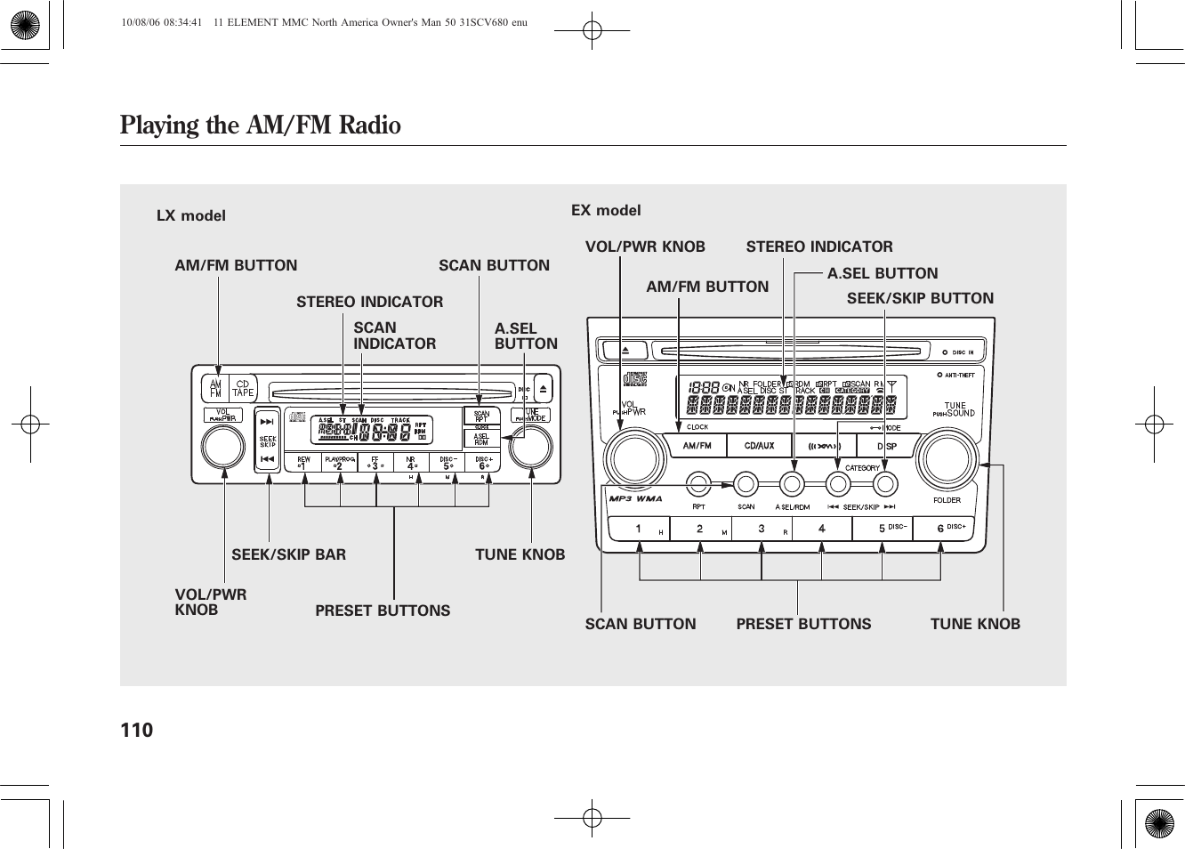 Playing the am/fm radio | HONDA 2011 Element User Manual | Page 116 / 286