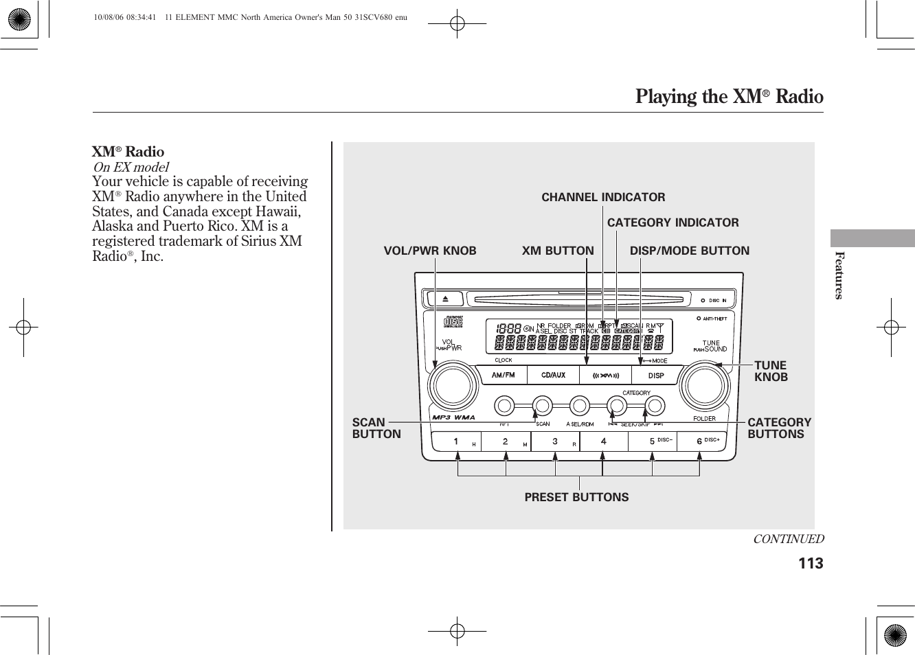 Playing the xm, Radio | HONDA 2011 Element User Manual | Page 119 / 286