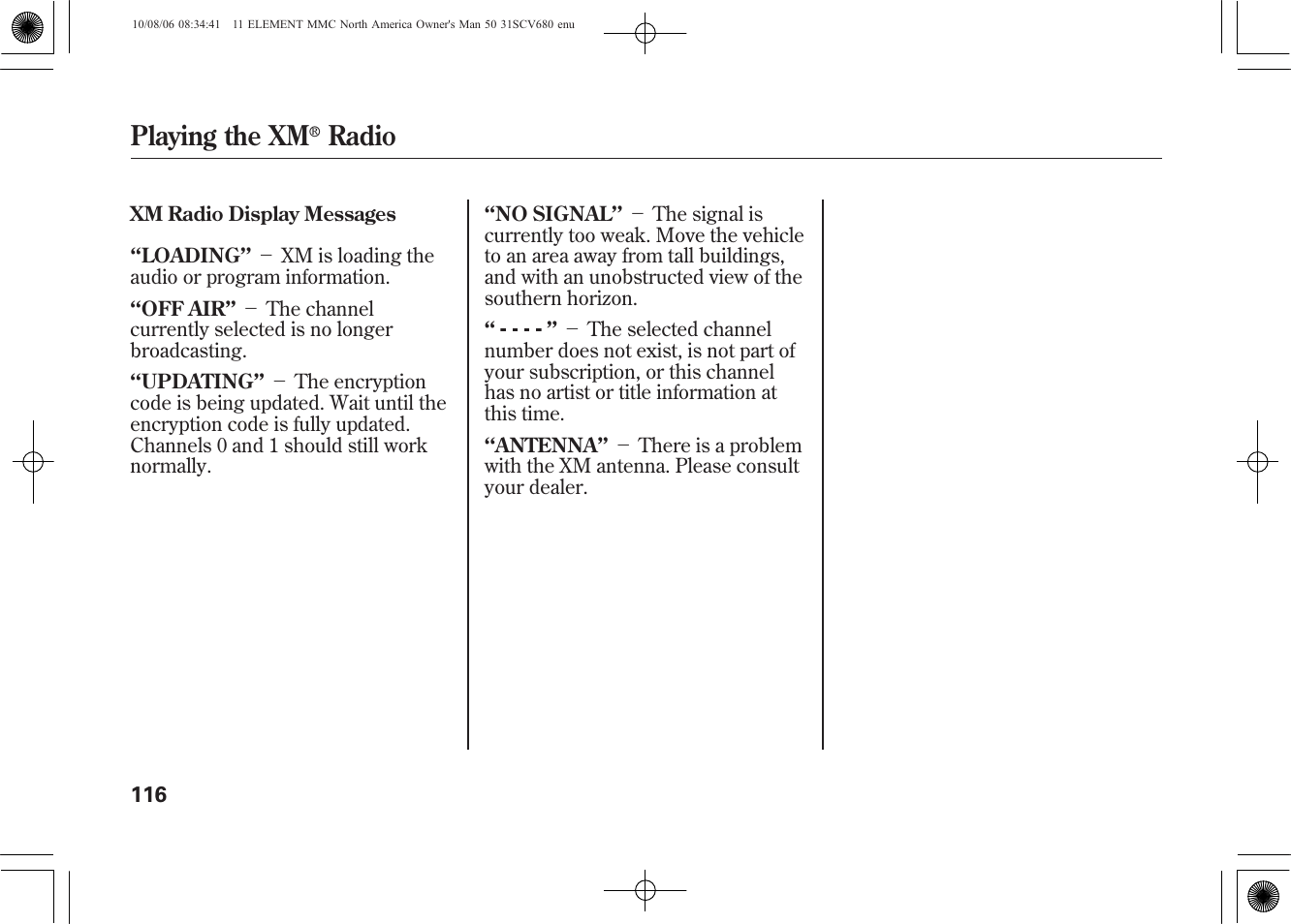 Playing the xm, Radio | HONDA 2011 Element User Manual | Page 122 / 286