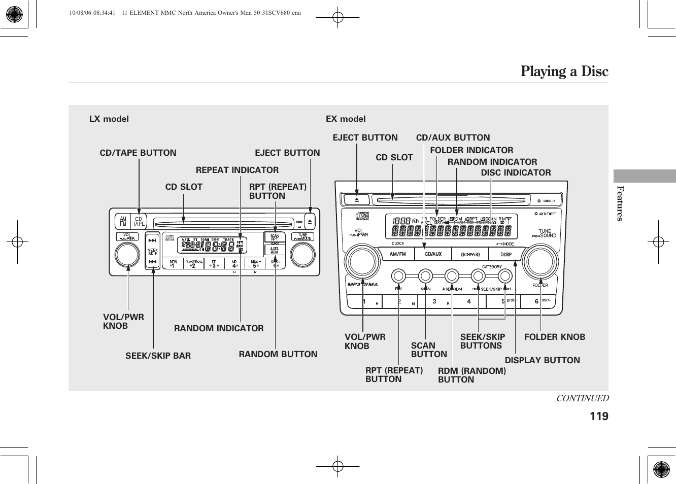 Playing a disc | HONDA 2011 Element User Manual | Page 125 / 286