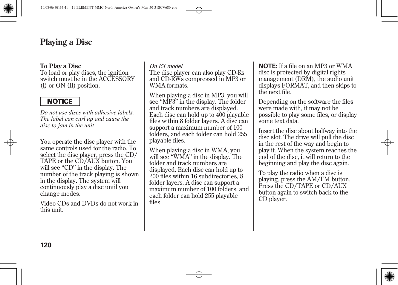 Playing a disc | HONDA 2011 Element User Manual | Page 126 / 286