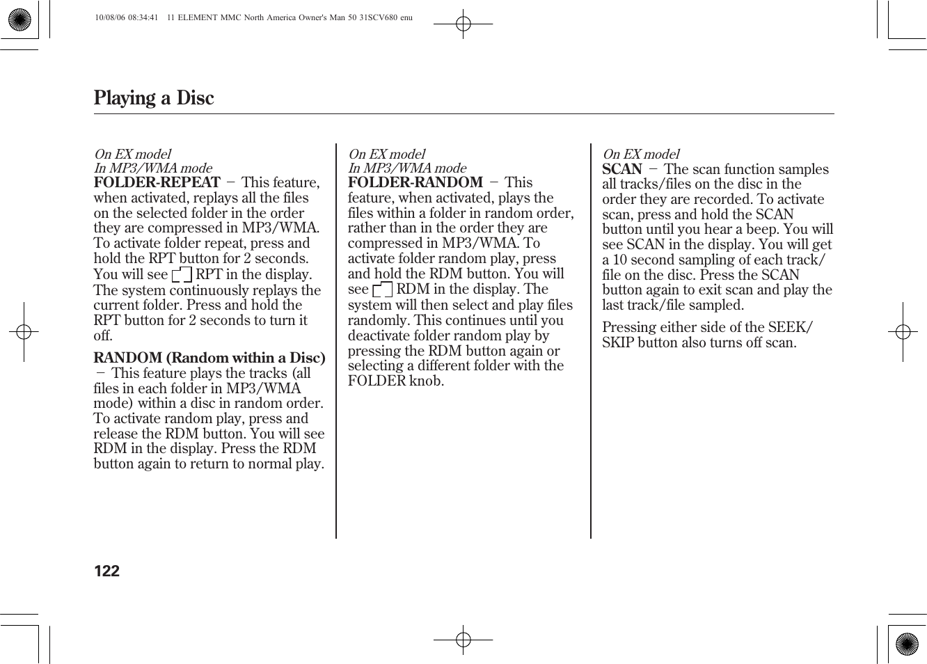 Playing a disc | HONDA 2011 Element User Manual | Page 128 / 286