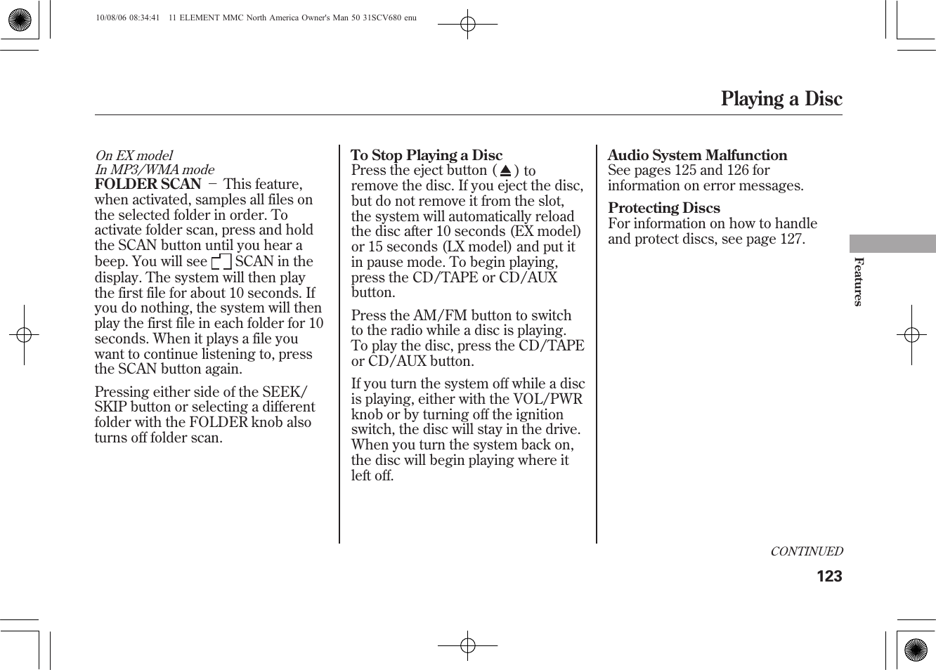 Playing a disc | HONDA 2011 Element User Manual | Page 129 / 286
