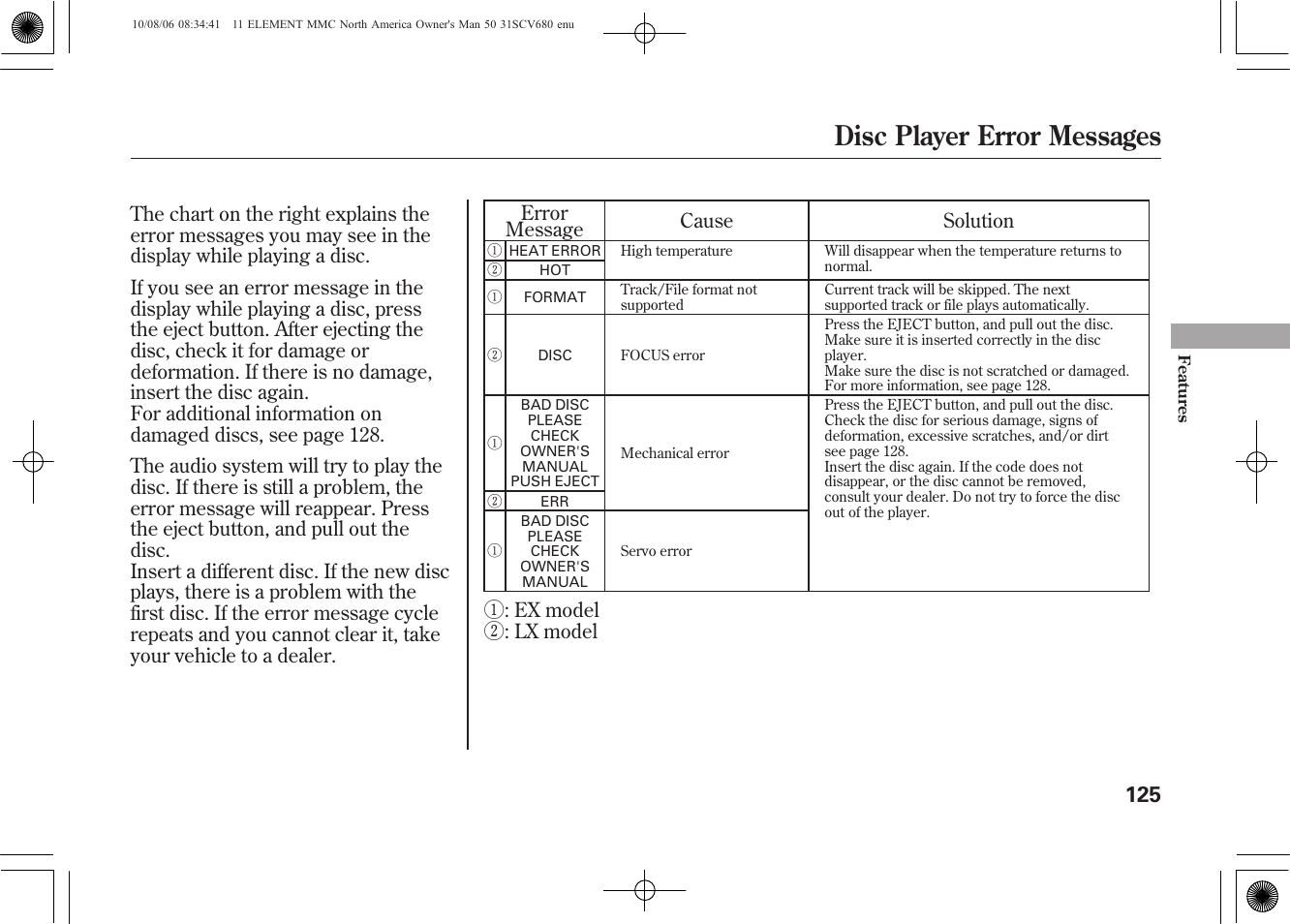 Disc player error messages | HONDA 2011 Element User Manual | Page 131 / 286