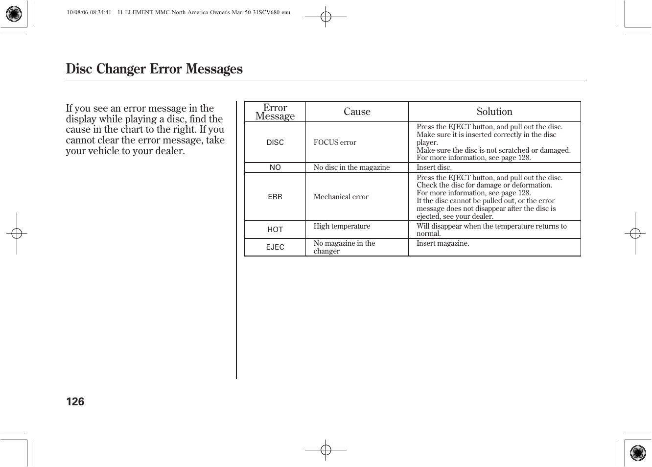 Disc changer error messages | HONDA 2011 Element User Manual | Page 132 / 286