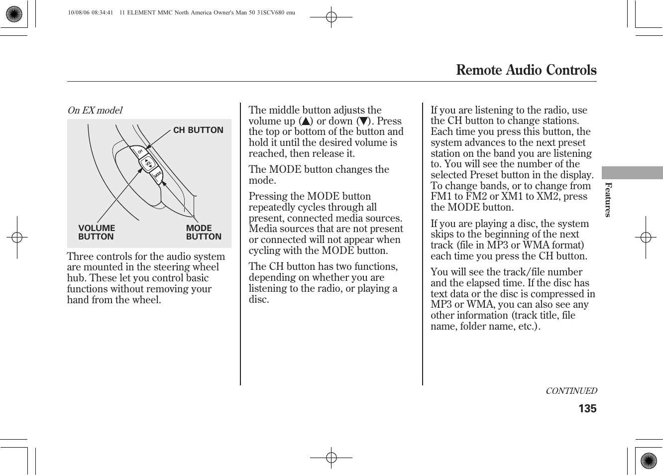 Remote audio controls | HONDA 2011 Element User Manual | Page 141 / 286