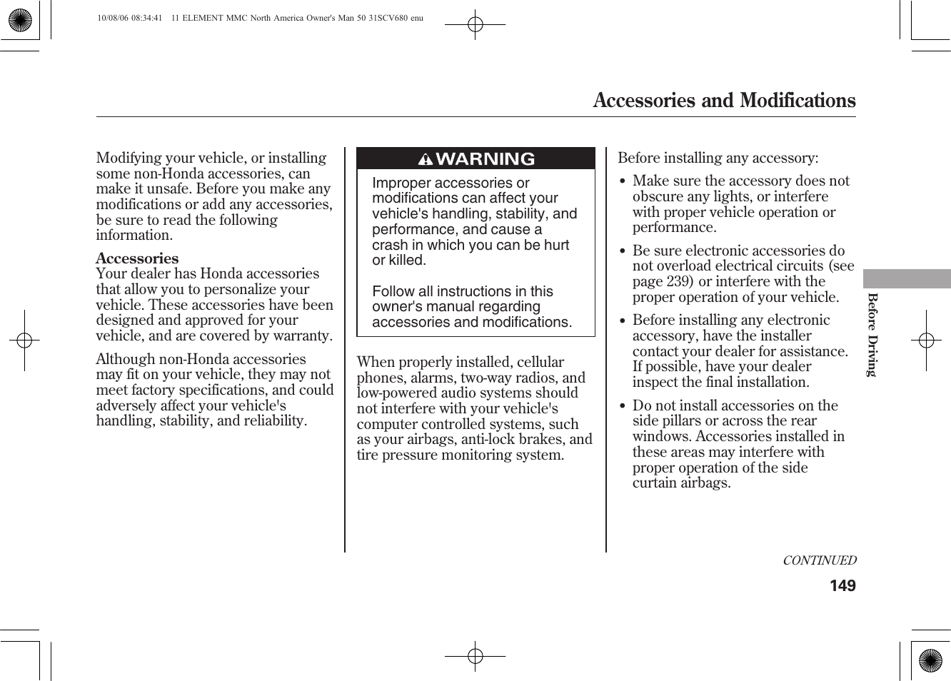 Accessories and modifications | HONDA 2011 Element User Manual | Page 155 / 286