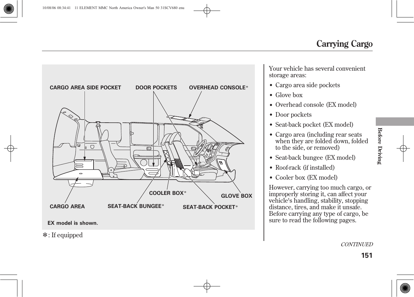 Carrying cargo | HONDA 2011 Element User Manual | Page 157 / 286