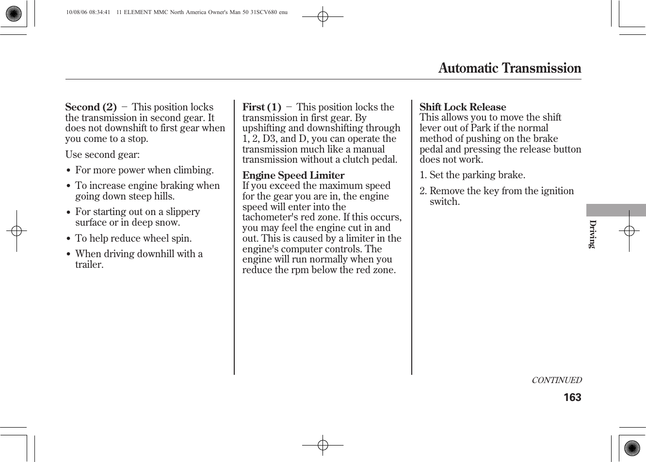 Automatic transmission | HONDA 2011 Element User Manual | Page 169 / 286