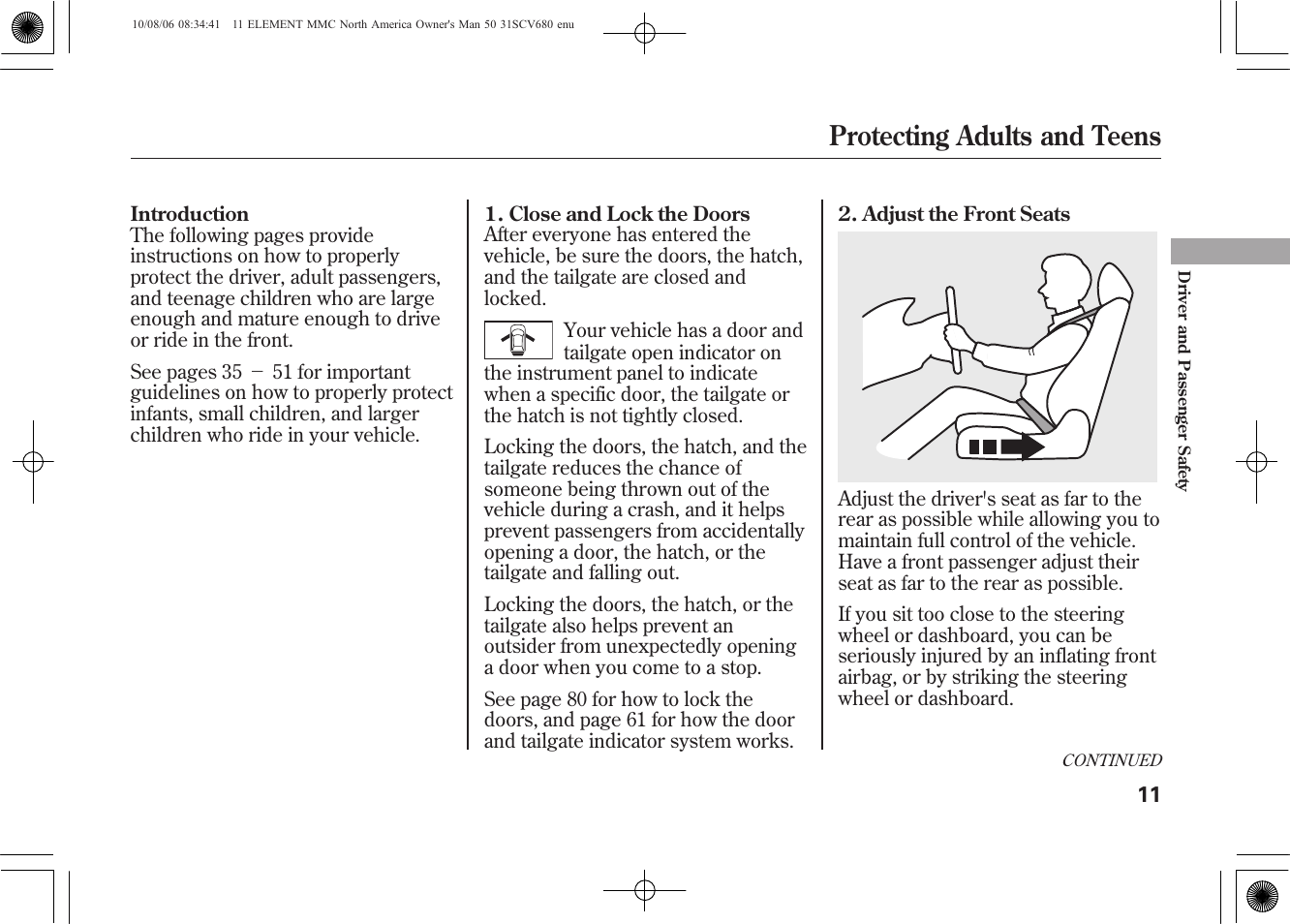 Protecting adults and teens | HONDA 2011 Element User Manual | Page 17 / 286