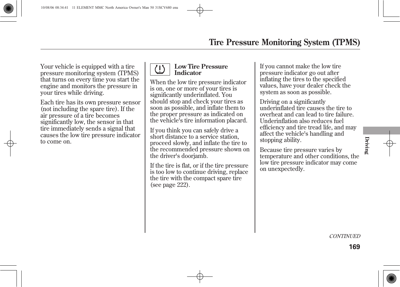Tire pressure monitoring system (tpms) | HONDA 2011 Element User Manual | Page 175 / 286