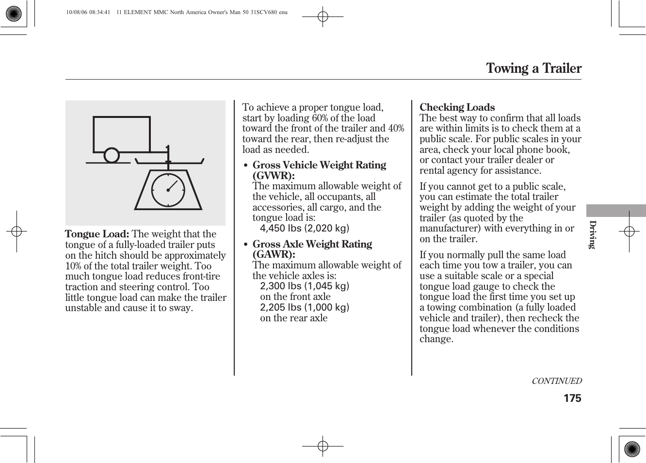 Towing a trailer | HONDA 2011 Element User Manual | Page 181 / 286